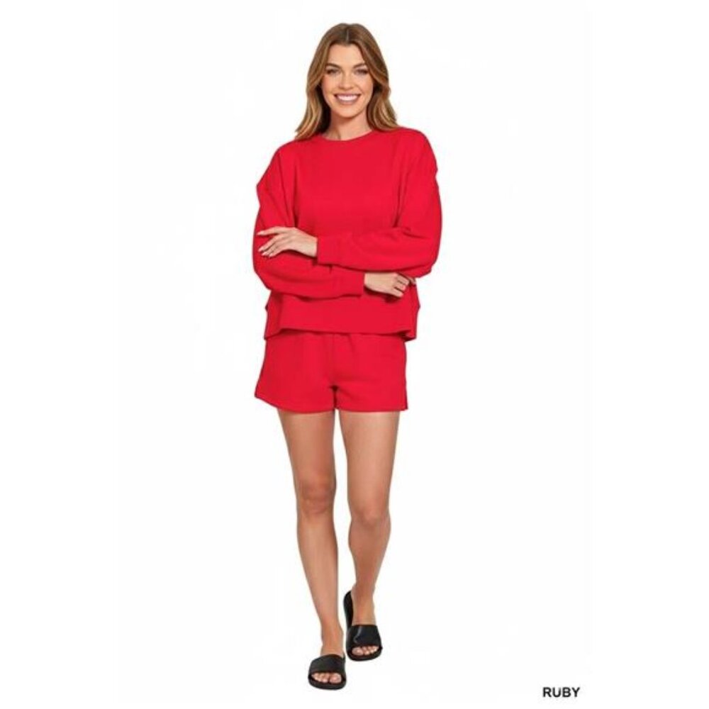 Zenana Fleece Round Neck Sweatshirt‎ and Shorts Set